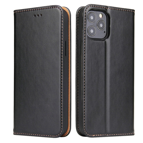 iPhone 12 / 12 Pro Fierre Shann PU Genuine Leather Texture Horizontal Flip Leather Case with Holder & Card Slots & Wallet - Black